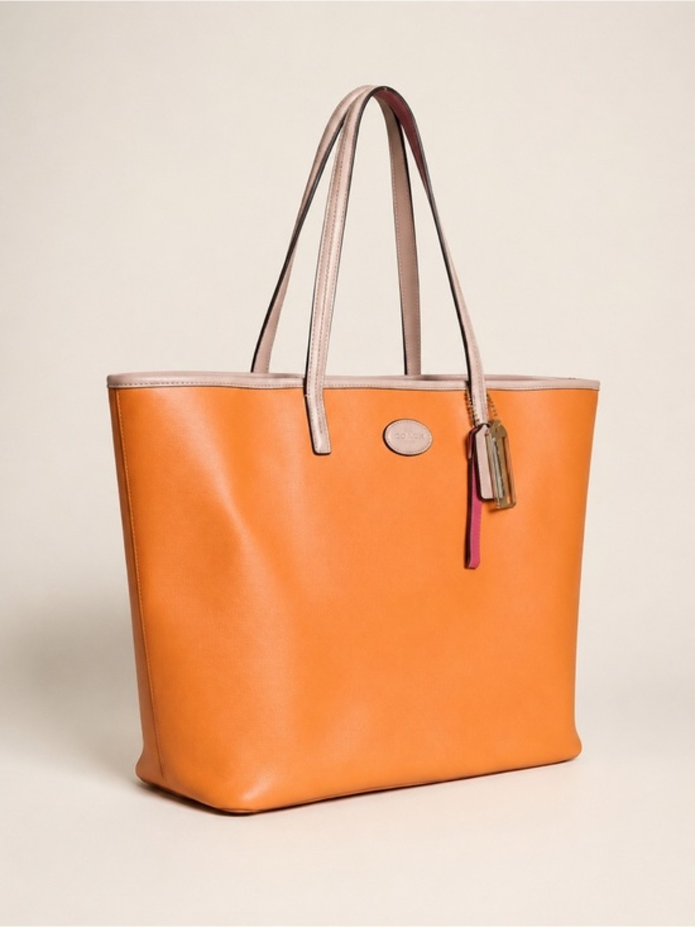 ✨ Coach Orange Crossgrain Leather Tote Pink Interior w/ Dust Bag EUC
